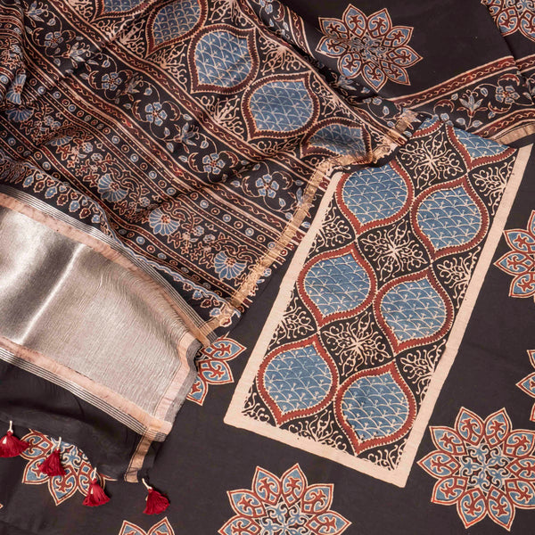 Hand Block Chanderi Ajrakh Kurta Fabric & Hand Block Chanderi Ajrakh Dupatta