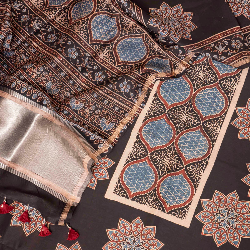 Hand Block Chanderi Ajrakh Kurta Fabric & Hand Block Chanderi Ajrakh Dupatta