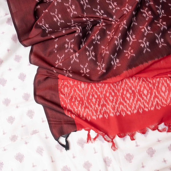 Handloom Cotton Ikkat White Kurta Fabric With Maroon Ikkat Dupatta