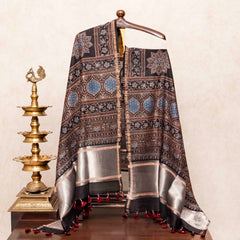 Hand Block Chanderi Ajrakh Kurta Fabric & Hand Block Chanderi Ajrakh Dupatta