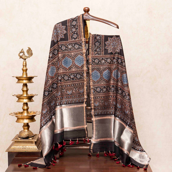 Hand Block Chanderi Ajrakh Kurta Fabric & Hand Block Chanderi Ajrakh Dupatta