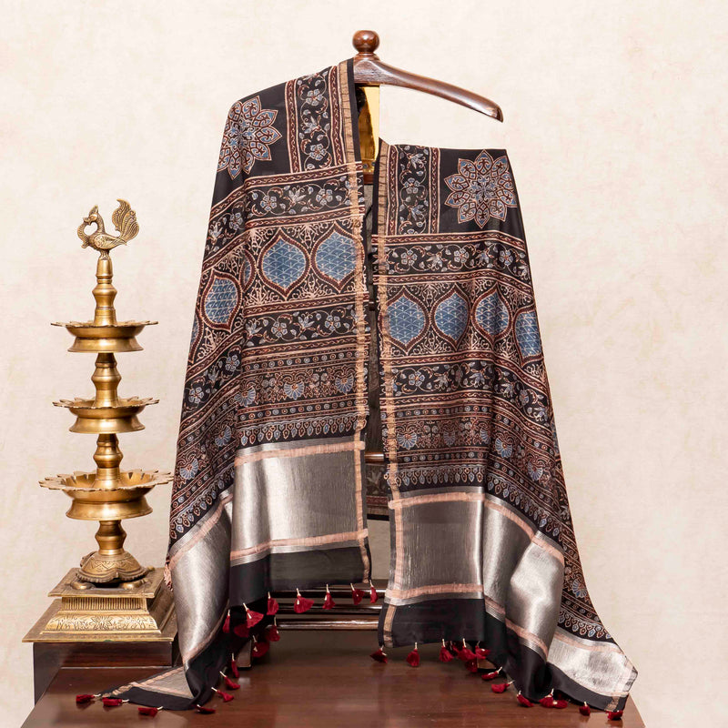 Hand Block Chanderi Ajrakh Kurta Fabric & Hand Block Chanderi Ajrakh Dupatta