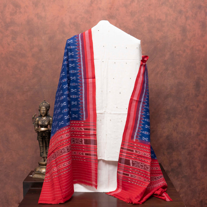 Handloom Kala Cotton Kurta Fabric With Mirror Work & Handloom Cotton Ikkat Dupatta