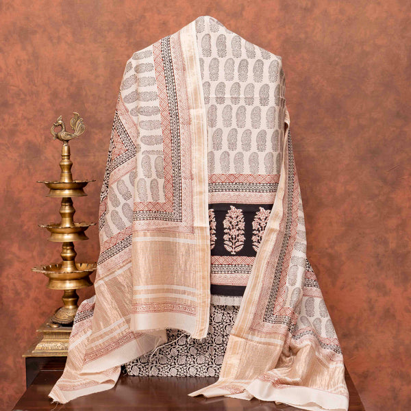 Maheshwari Silk Hand Block Bagh Print Kurta Fabric, Bottom Fabric & Maheshwari Silk Hand Block Bagh Print Dupatta