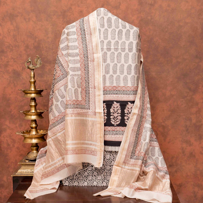 Maheshwari Silk Hand Block Bagh Print Kurta Fabric, Bottom Fabric & Maheshwari Silk Hand Block Bagh Print Dupatta