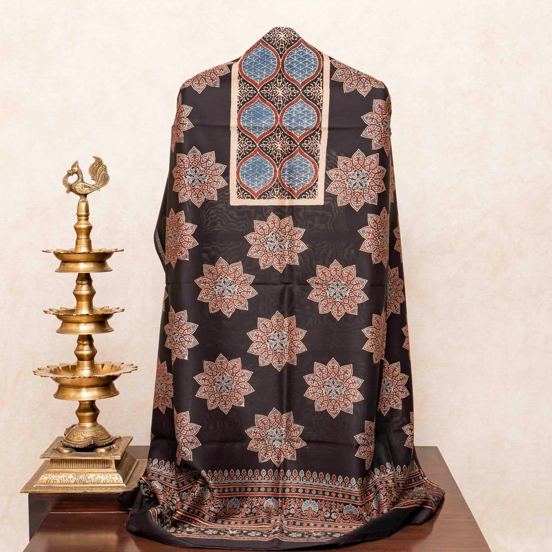 Hand Block Chanderi Ajrakh Kurta Fabric & Hand Block Chanderi Ajrakh Dupatta