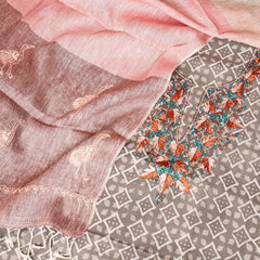 Hand Block Cotton Kurta Fabric With Kashmiri Hand Embroidery & Cotton Linen Chikankari Hand Embroidered Stole