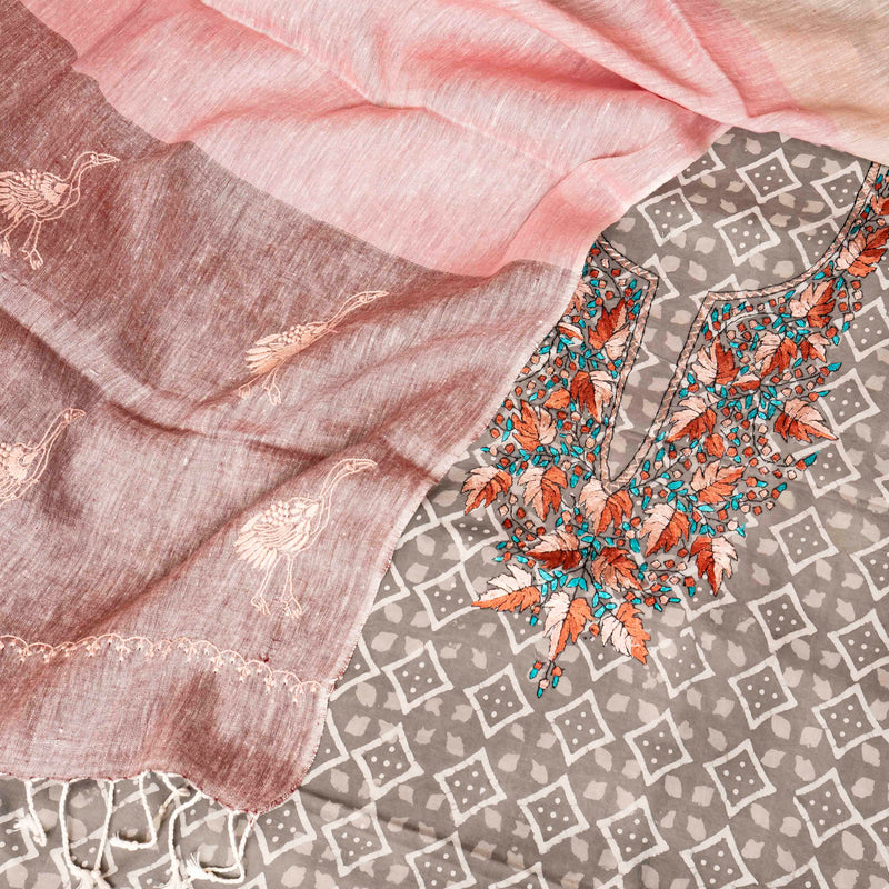 Hand Block Cotton Kurta Fabric With Kashmiri Hand Embroidery & Cotton Linen Chikankari Hand Embroidered Stole