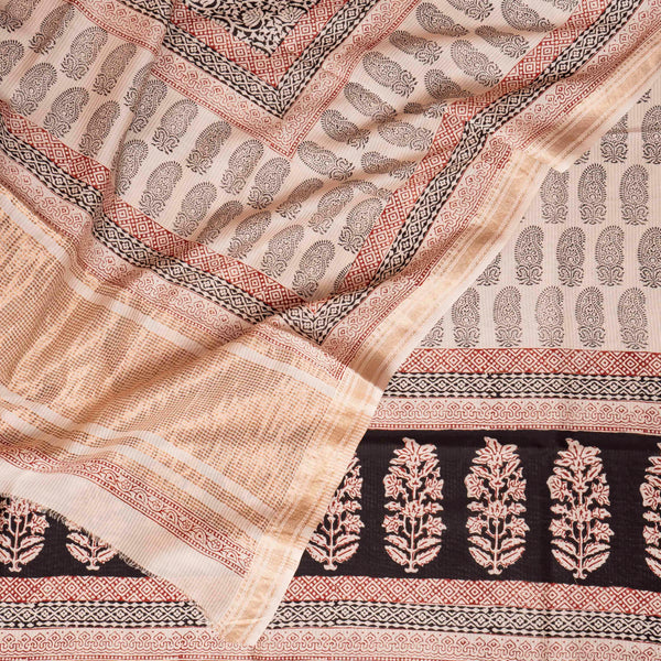 Maheshwari Silk Hand Block Bagh Print Kurta Fabric, Bottom Fabric & Maheshwari Silk Hand Block Bagh Print Dupatta