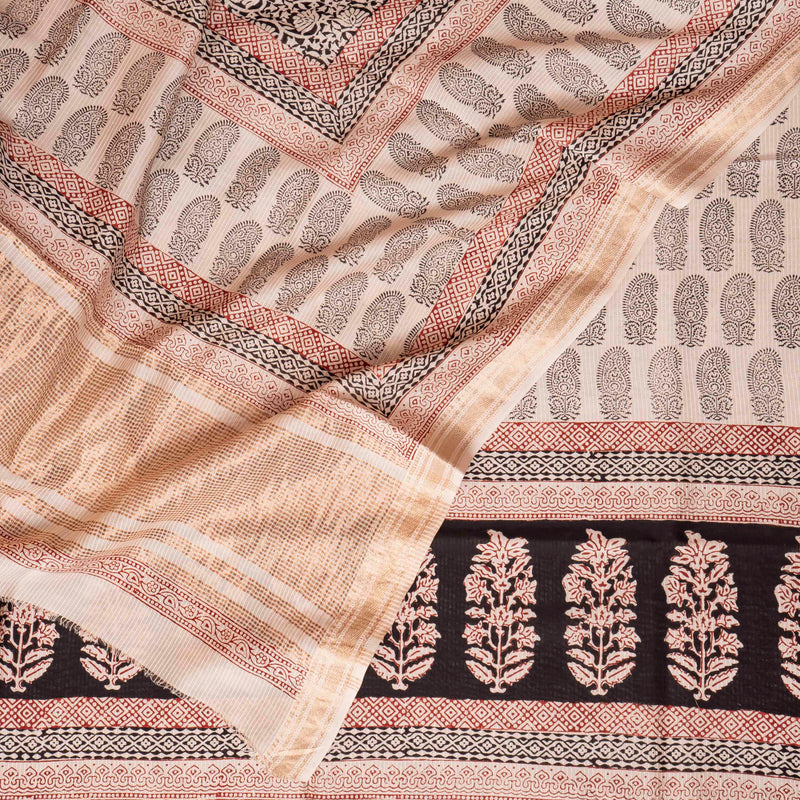 Maheshwari Silk Hand Block Bagh Print Kurta Fabric, Bottom Fabric & Maheshwari Silk Hand Block Bagh Print Dupatta