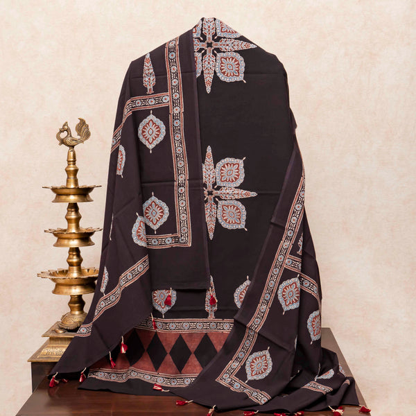 Hand Block Ajrakh Cotton Kurta Fabric, Bottom Fabric & Hand Block Ajrakh Mul Cotton Dupatta