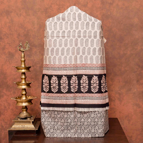 Maheshwari Silk Hand Block Bagh Print Kurta Fabric, Bottom Fabric & Maheshwari Silk Hand Block Bagh Print Dupatta