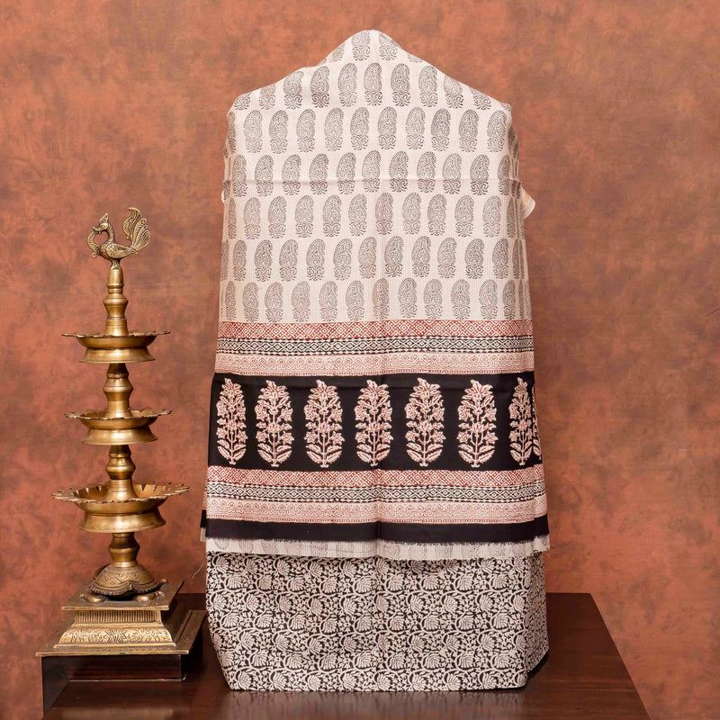 Maheshwari Silk Hand Block Bagh Print Kurta Fabric, Bottom Fabric & Maheshwari Silk Hand Block Bagh Print Dupatta