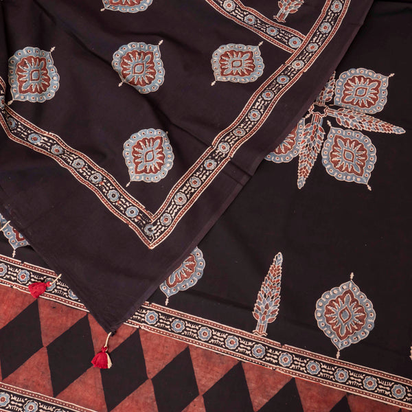 Hand Block Ajrakh Cotton Kurta Fabric, Bottom Fabric & Hand Block Ajrakh Mul Cotton Dupatta