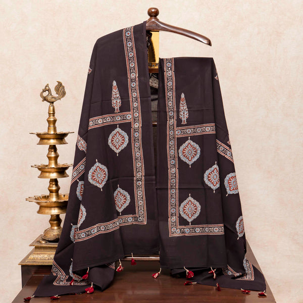 Hand Block Ajrakh Cotton Kurta Fabric, Bottom Fabric & Hand Block Ajrakh Mul Cotton Dupatta