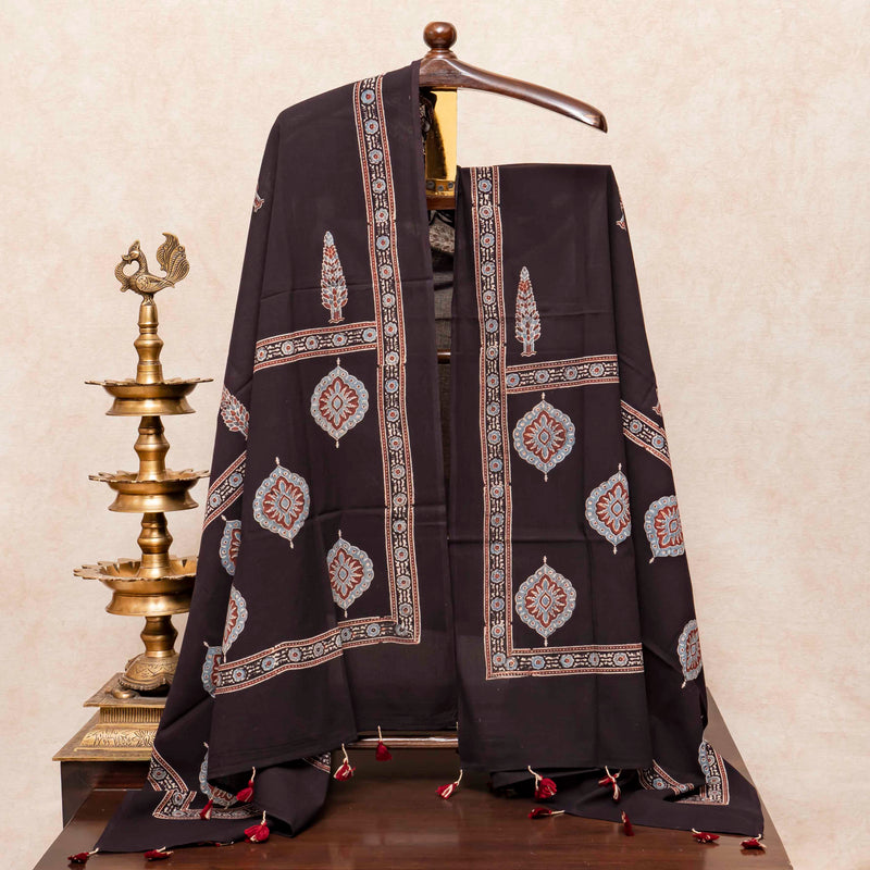 Hand Block Ajrakh Cotton Kurta Fabric, Bottom Fabric & Hand Block Ajrakh Mul Cotton Dupatta