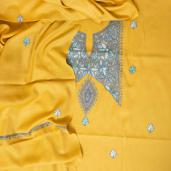 Woollen Kashmiri Hand Embroidered Kurta Fabric, Woollen Plain Bottom & Wollen Hand Embroidered Stole