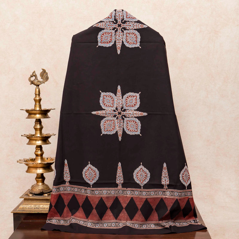 Hand Block Ajrakh Cotton Kurta Fabric, Bottom Fabric & Hand Block Ajrakh Mul Cotton Dupatta