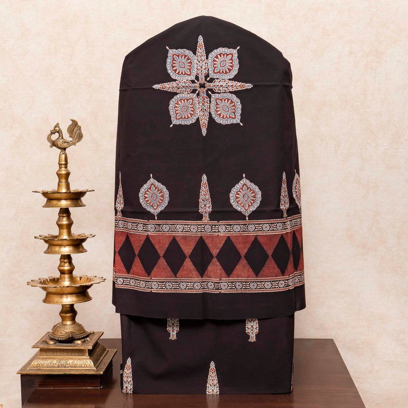 Hand Block Ajrakh Cotton Kurta Fabric, Bottom Fabric & Hand Block Ajrakh Mul Cotton Dupatta
