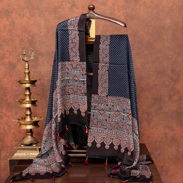Ajrakh Hand Block Modal Silk Kurta Fabric & Ajrakh Hand Block Model Silk Dupatta
