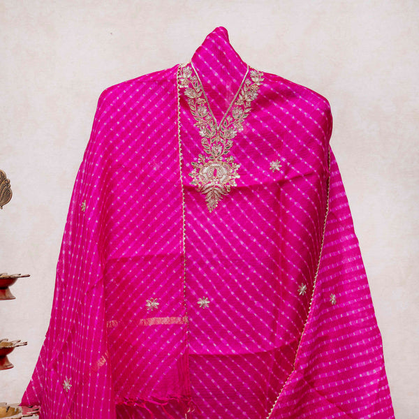 Hand Tie - Dye Kota Silk Kurta Fabric With Zari Hand Embroidery & Zari Hand Embroidery Dupatta