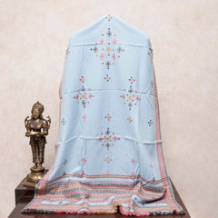 Handwoven Woollen Sky Blue Shawl With Mirror Work