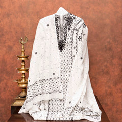 Mul Chanderi Semi Stitch Hand Embroidered Chikankari Kurta Fabric With Pearl - Cut Dana Work In Anarkali Pattern & Mul Chanderi Chikankari Dupatta
