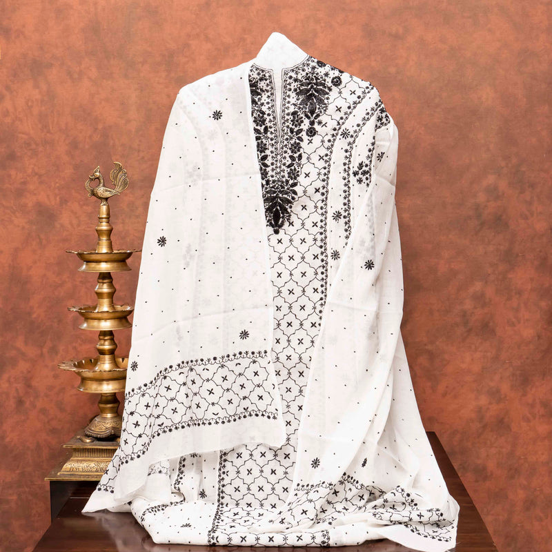 Mul Chanderi Semi Stitch Hand Embroidered Chikankari Kurta Fabric With Pearl - Cut Dana Work In Anarkali Pattern & Mul Chanderi Chikankari Dupatta