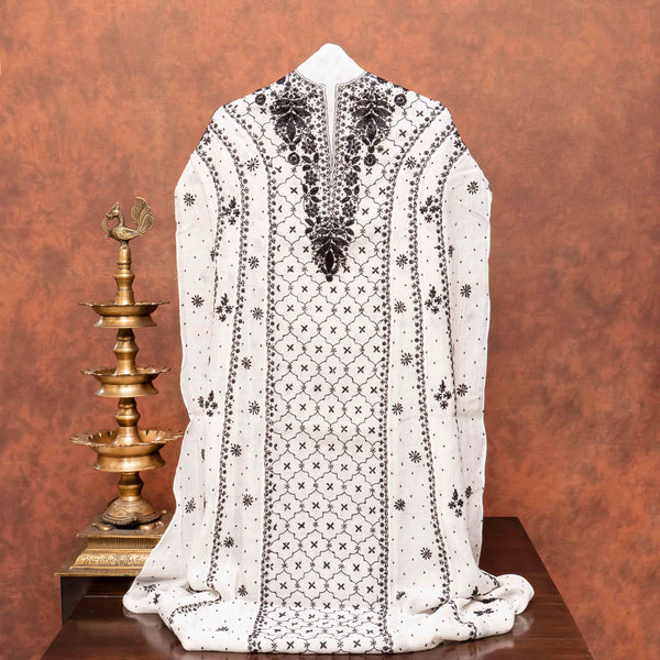 Mul Chanderi Semi Stitch Hand Embroidered Chikankari Kurta Fabric With Pearl - Cut Dana Work In Anarkali Pattern & Mul Chanderi Chikankari Dupatta