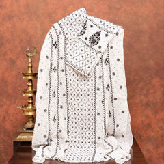 Mul Chanderi Semi Stitch Hand Embroidered Chikankari Kurta Fabric With Pearl - Cut Dana Work In Anarkali Pattern & Mul Chanderi Chikankari Dupatta