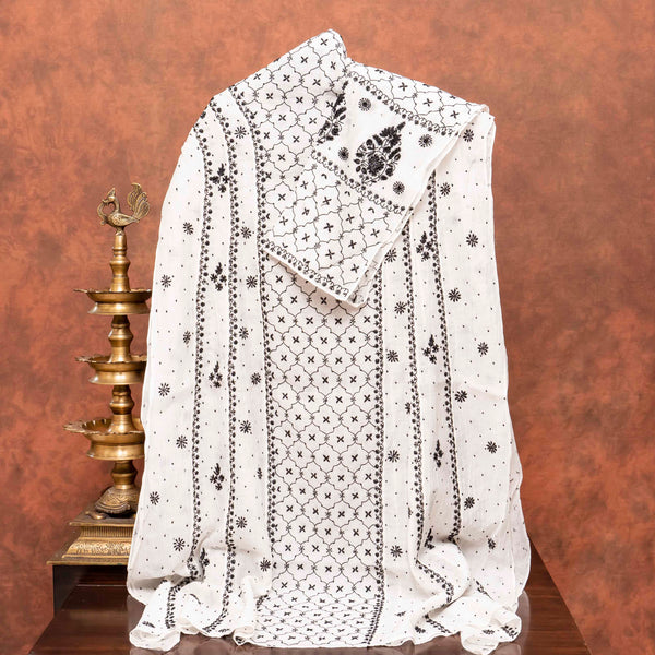 Mul Chanderi Semi Stitch Hand Embroidered Chikankari Kurta Fabric With Pearl - Cut Dana Work In Anarkali Pattern & Mul Chanderi Chikankari Dupatta
