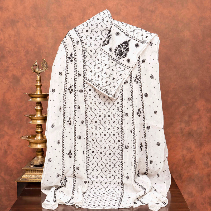 Mul Chanderi Semi Stitch Hand Embroidered Chikankari Kurta Fabric With Pearl - Cut Dana Work In Anarkali Pattern & Mul Chanderi Chikankari Dupatta