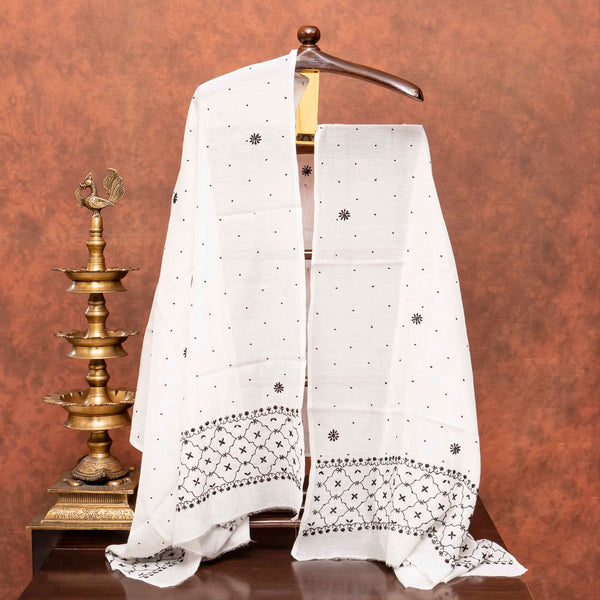 Mul Chanderi Semi Stitch Hand Embroidered Chikankari Kurta Fabric With Pearl - Cut Dana Work In Anarkali Pattern & Mul Chanderi Chikankari Dupatta