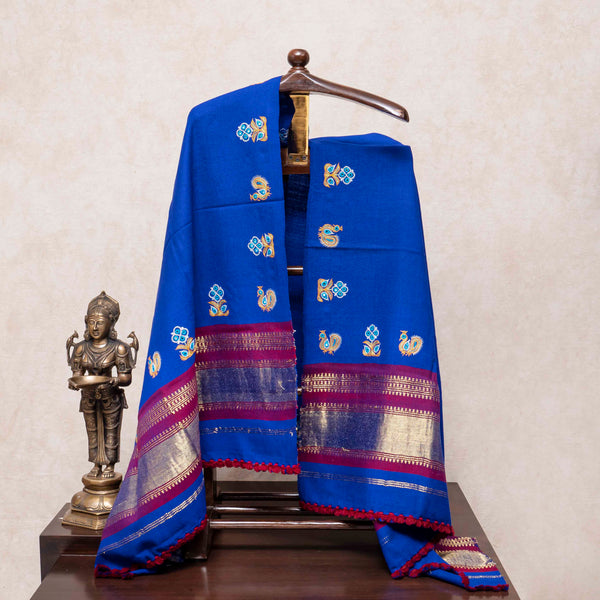 Handwoven Woollen Royal Blue Shawl With Mirror Work
