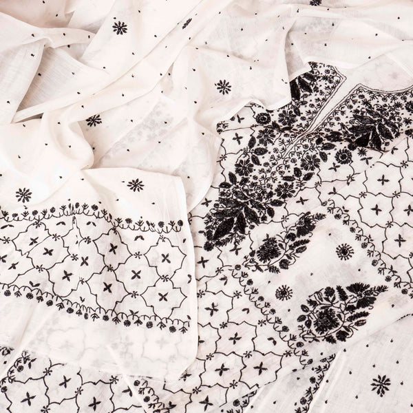 Mul Chanderi Semi Stitch Hand Embroidered Chikankari Kurta Fabric With Pearl - Cut Dana Work In Anarkali Pattern & Mul Chanderi Chikankari Dupatta
