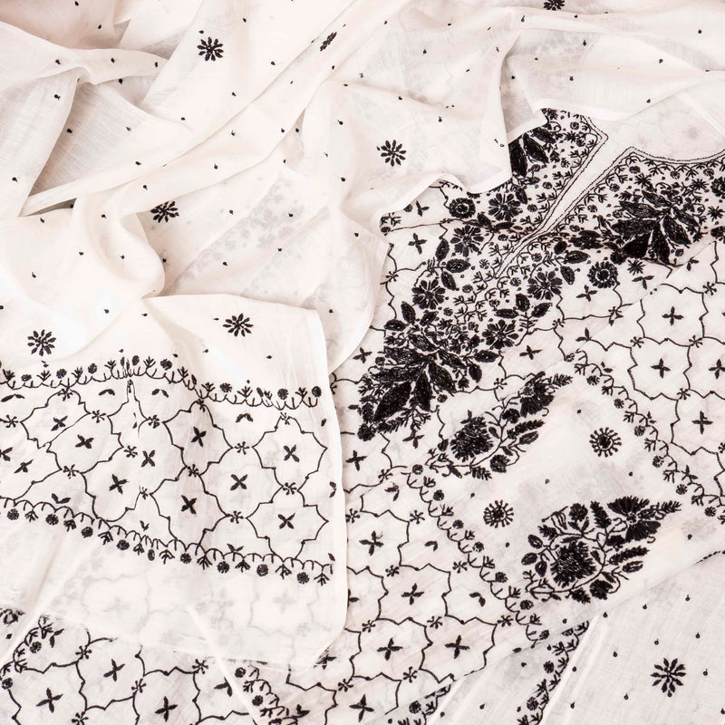 Mul Chanderi Semi Stitch Hand Embroidered Chikankari Kurta Fabric With Pearl - Cut Dana Work In Anarkali Pattern & Mul Chanderi Chikankari Dupatta