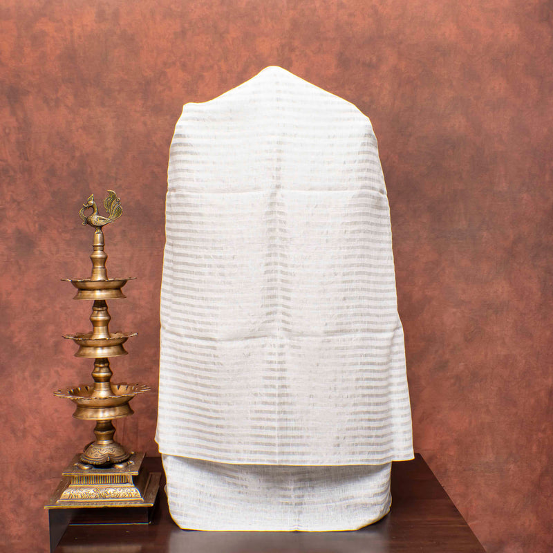 Handloom Linen Kurta - Bottom Fabric With Zari Stripes & Pure Chanderi Pattu Silk Dupatta With Nandi Motifs
