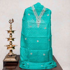 Hand Tie - Dye Kota Silk Kurta Fabric With Zari Hand Embroidery & Zari Hand Embroidery Dupatta