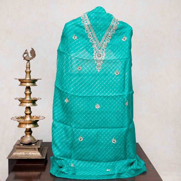 Hand Tie - Dye Kota Silk Kurta Fabric With Zari Hand Embroidery & Zari Hand Embroidery Dupatta