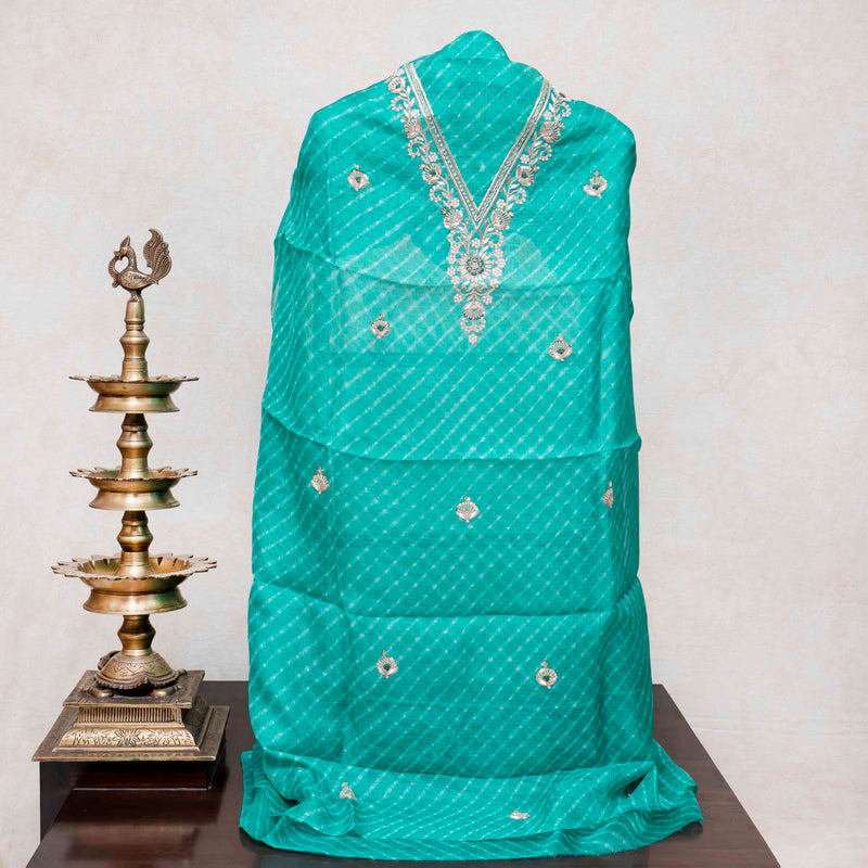 Hand Tie - Dye Kota Silk Kurta Fabric With Zari Hand Embroidery & Zari Hand Embroidery Dupatta