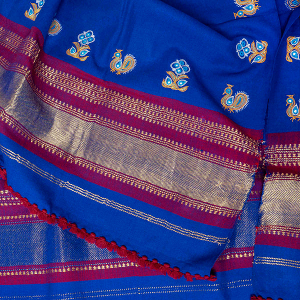 Handwoven Woollen Royal Blue Shawl With Mirror Work