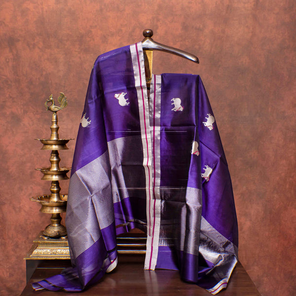 Handloom Linen Kurta - Bottom Fabric With Zari Stripes & Pure Chanderi Pattu Silk Dupatta With Nandi Motifs