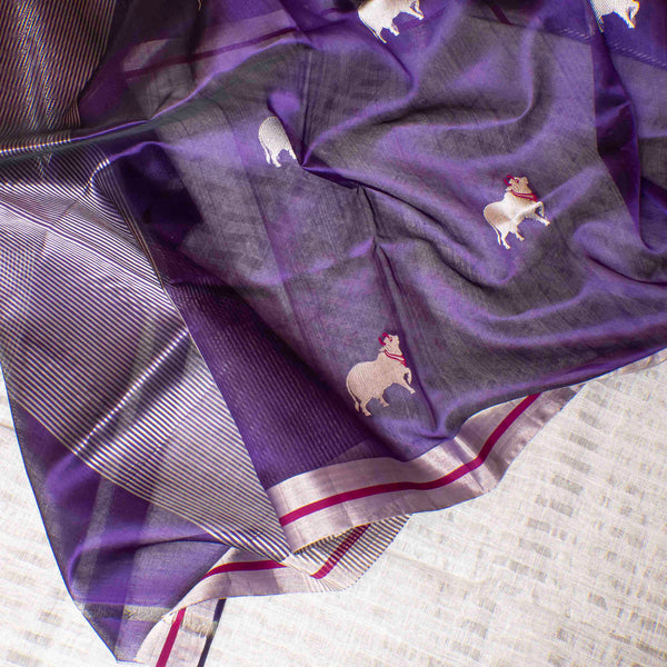 Handloom Linen Kurta - Bottom Fabric With Zari Stripes & Pure Chanderi Pattu Silk Dupatta With Nandi Motifs