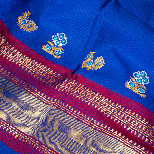 Handwoven Woollen Royal Blue Shawl With Mirror Work