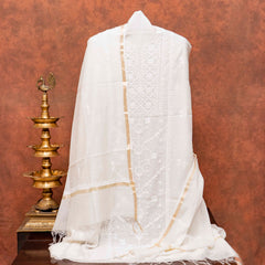 Mul Chanderi Kurta Fabric With Chikankari Hand Embroidery & Mul Chanderi Dupatta With Chikankari Hand Embroidery