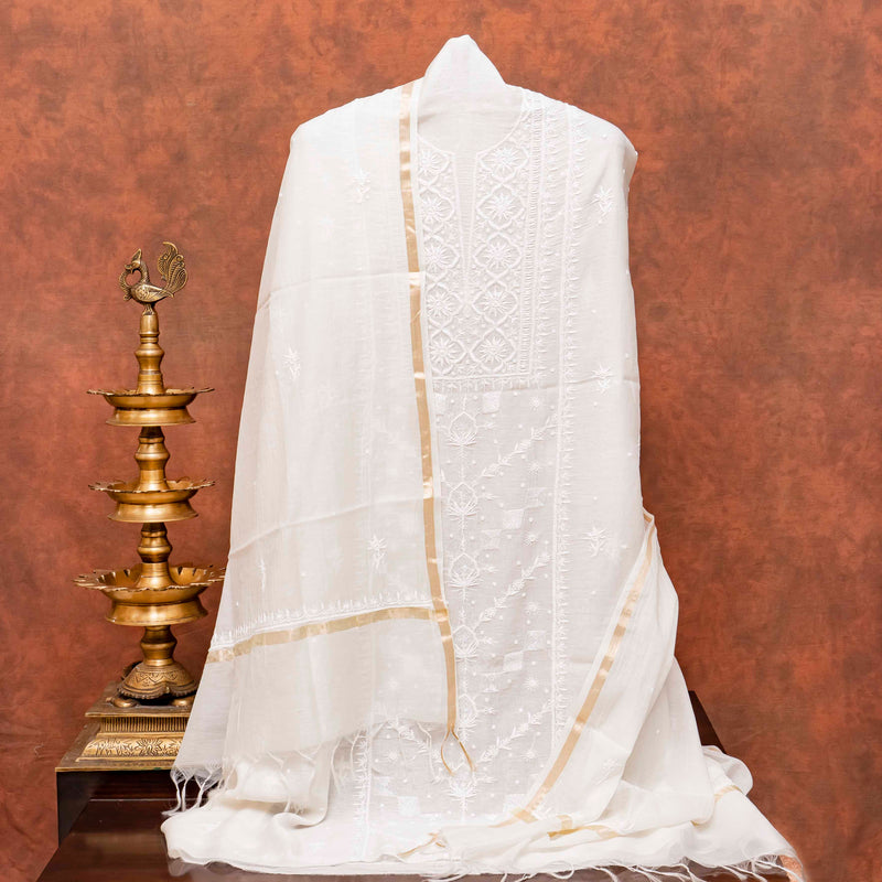Mul Chanderi Kurta Fabric With Chikankari Hand Embroidery & Mul Chanderi Dupatta With Chikankari Hand Embroidery