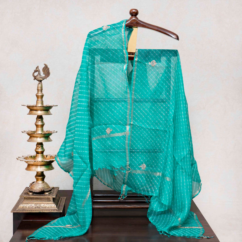 Hand Tie - Dye Kota Silk Kurta Fabric With Zari Hand Embroidery & Zari Hand Embroidery Dupatta