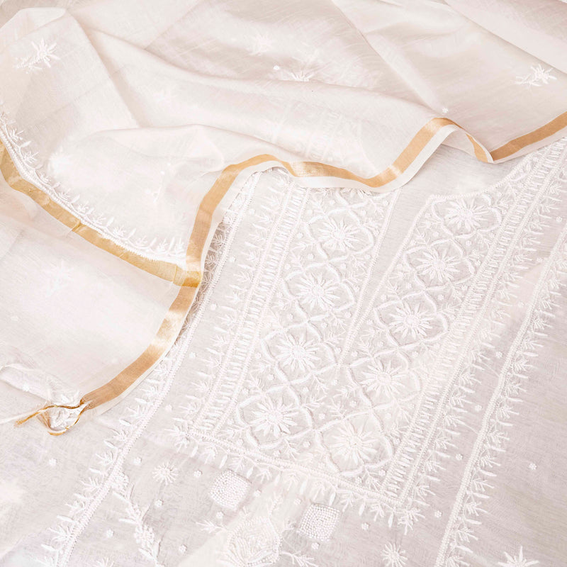 Mul Chanderi Kurta Fabric With Chikankari Hand Embroidery & Mul Chanderi Dupatta With Chikankari Hand Embroidery