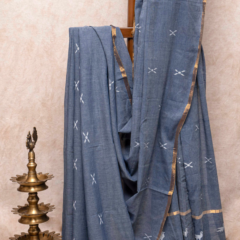Handloom Handwoven Cotton Jamdani Saree With Motifs & Blouse Fabric