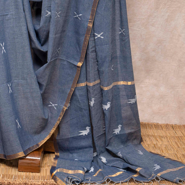 Handloom Handwoven Cotton Jamdani Saree With Motifs & Blouse Fabric